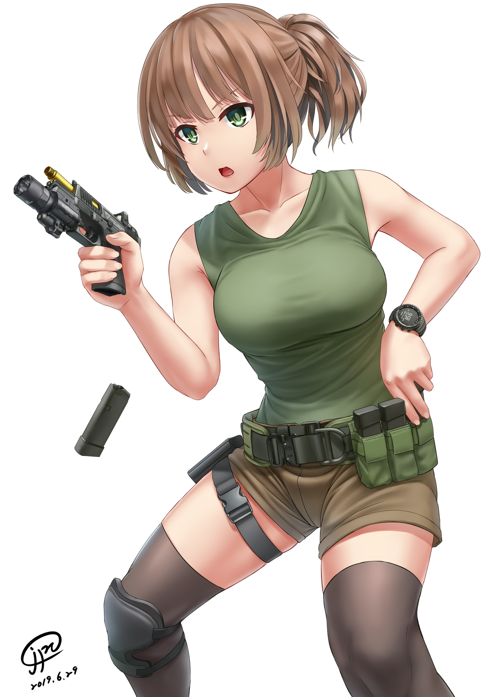 1girl breasts brown_hair commentary english_commentary female_focus flashlight glock green_eyes gun handgun highres holding holding_gun holding_weapon holographic_weapon_sight jpc knee_pads magazine_(weapon) original pistol ponytail reflector_sight reloading short_shorts shorts sight_(weapon) single_knee_pad sleeveless solo tactical_light thighhighs trigger_discipline watch weapon white_background wristwatch