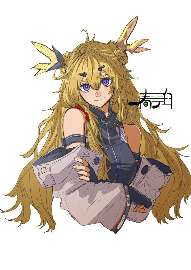 1girl arknights artist_logo bare_shoulders black_gloves blonde_hair closed_mouth commentary cropped_torso crossed_arms fingerless_gloves gloves hair_between_eyes harukan_tiusu leizi_(arknights) logo long_hair looking_at_viewer purple_eyes simple_background smile solo white_background