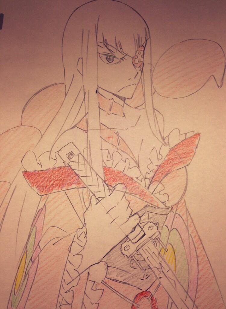 1girl adiane adiane_(cosplay) breasts cleavage cosplay creator_connection detached_sleeves eyepatch female_focus kill_la_kill kiryuuin_satsuki large_breasts long_hair saitou_kengo solo sword tattoo tengen_toppa_gurren_lagann weapon wide_sleeves