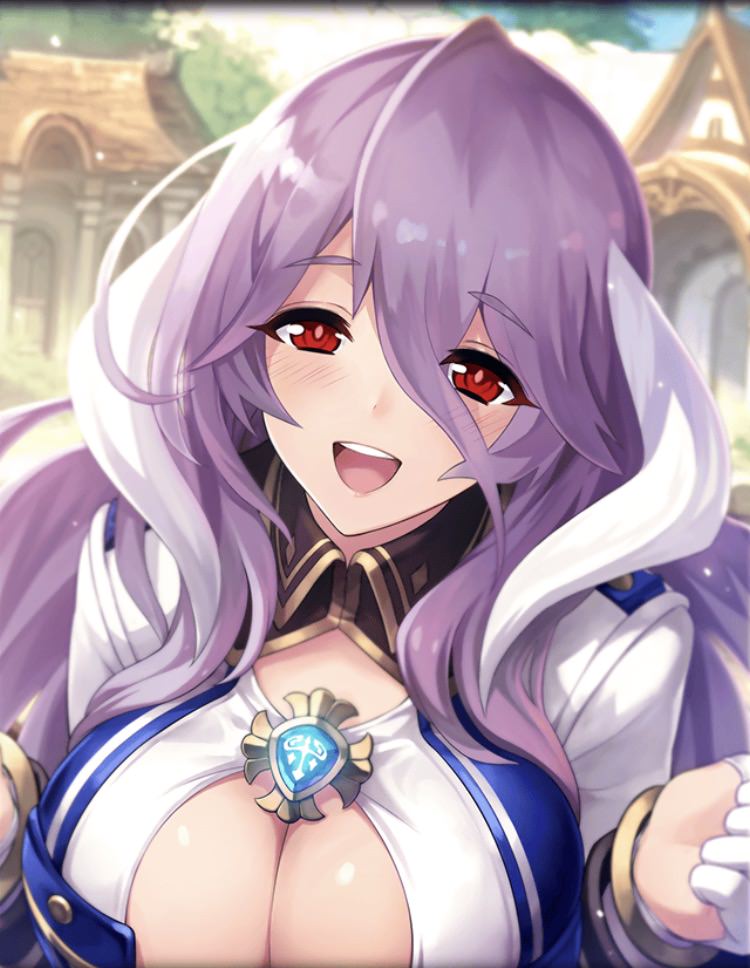 1girl ancient_killers_(phantom_of_the_kill) artist_request blush breasts cleavage cleavage_cutout clothing_cutout female_focus freischutz_(phantom_of_the_kill) gloves hair_between_eyes large_breasts long_hair looking_at_viewer official_art open_mouth phantom_of_the_kill purple_hair red_eyes smile solo upper_body