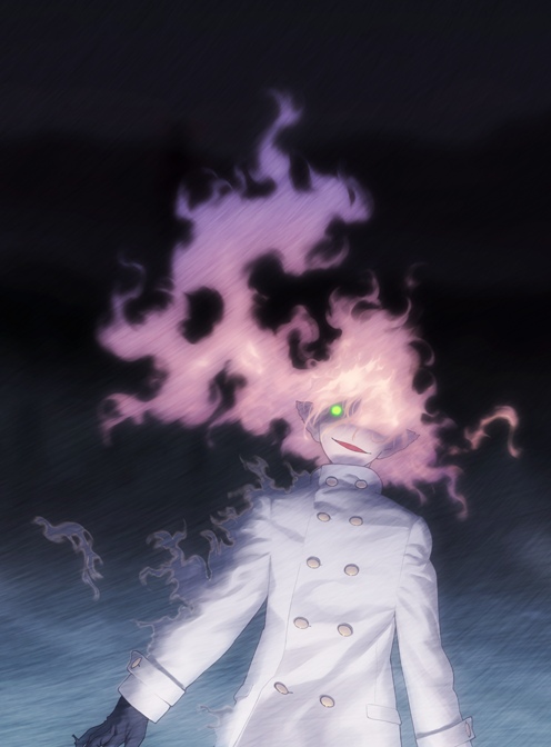 1boy blonde_hair coat game_cg gloves glowing glowing_eye green_eyes koyama_hirokazu long_hair lugh_beowulf mahou_tsukai_no_yoru male_focus pink_hair pointy_ears smoke solo spoilers