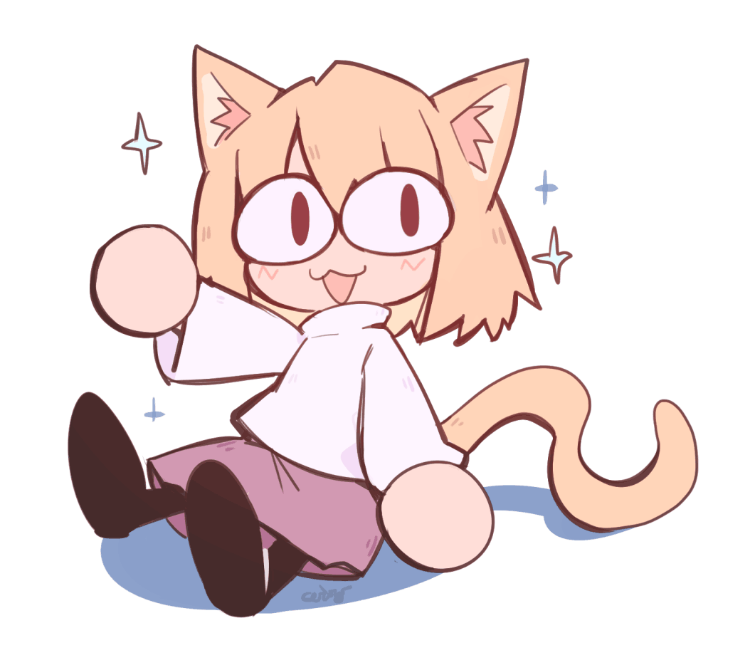 &lt;|&gt;_&lt;|&gt; 1girl :3 black_footwear blonde_hair cat_tail ceroro chibi commentary english_commentary looking_at_viewer medium_hair neco-arc purple_skirt skirt solo sparkle sweater tail tsukihime white_sweater