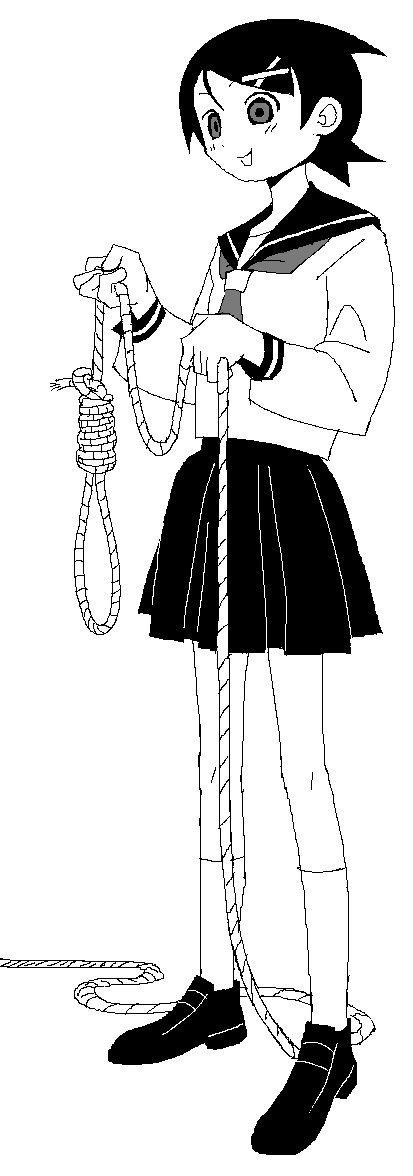 1girl :d full_body fuura_kafuka greyscale hair_ornament hashtag-only_commentary holding holding_rope jaggy_lines kneehighs light_blush loafers long_sleeves looking_at_object monochrome neckerchief noose oekaki open_mouth parted_lips rope sailor_collar sayonara_zetsubou_sensei school_uniform shoes short_hair simple_background skirt smile socks solo teknodice white_background x_hair_ornament