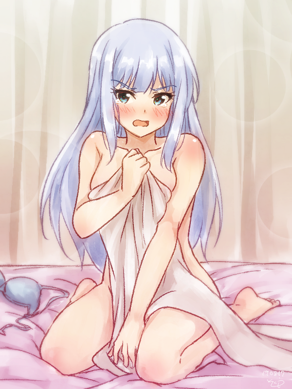 1girl bed_sheet blue_bra blue_eyes blue_hair blush bra breasts curtains dated embarrassed holding holding_towel idolmaster idolmaster_million_live! idolmaster_million_live!_theater_days indoors lens_flare heavy_lens_flare light_blue_hair long_hair looking_at_viewer medium_breasts naked_towel on_bed open_mouth shiraishi_tsumugi signature sitting sokura_(mellow) solo teardrop towel underwear unworn_bra v-shaped_eyebrows very_long_hair wariza