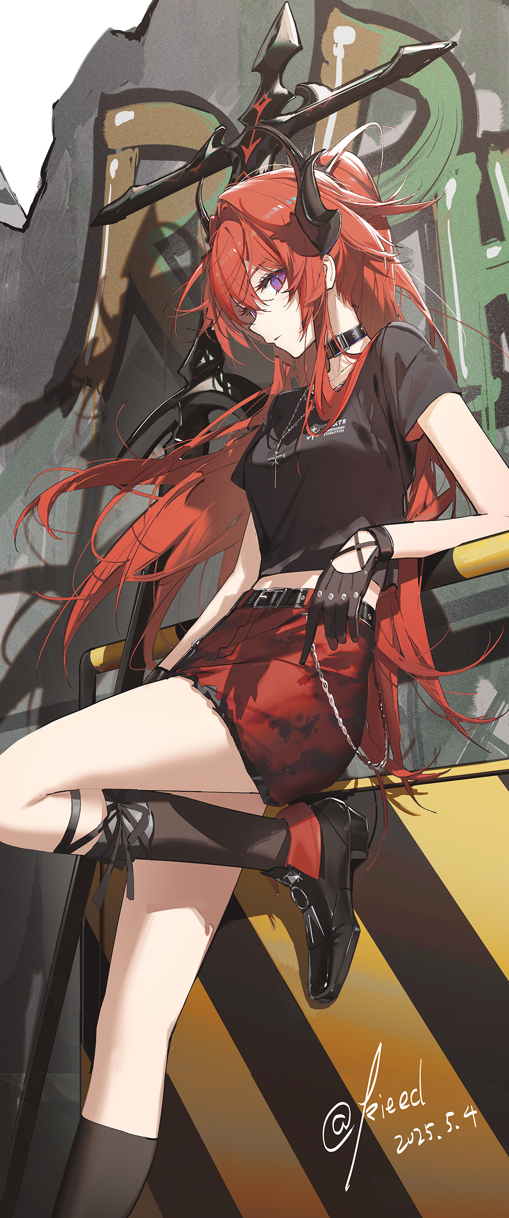 1girl absurdres arknights artist_name belt_collar black_gloves black_shirt black_shoes black_socks collar commentary cross cross_necklace dated gloves graffiti highres horns jewelry kieed knee_up kneehighs leaning_on_object long_hair midriff necklace official_alternate_costume purple_eyes red_hair red_skirt revision shirt shoes skirt slit_pupils socks solo standing standing_on_one_leg surtr_(arknights) surtr_(liberte_echec)_(arknights) sword t-shirt traffic_barrier very_long_hair weapon