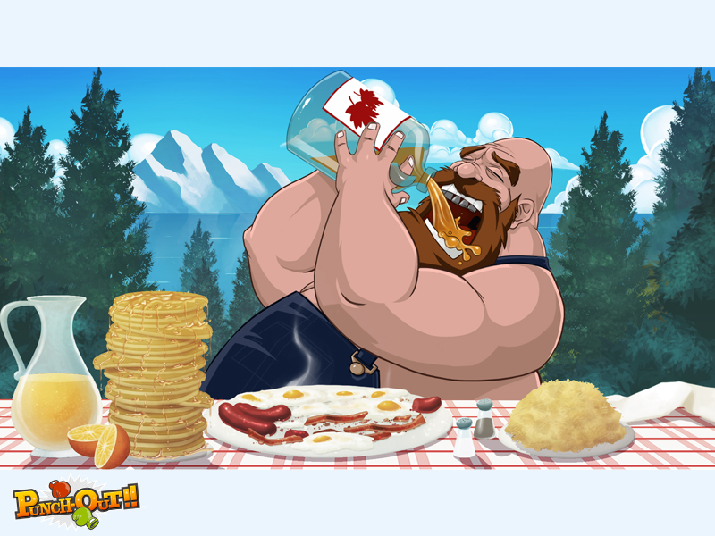 bacon bear_hugger beard breakfast drink egg facial_hair food fruit juice nintendo orange_(fruit) orange_juice orange_slice pancake pepper_(spice) punch-out!! salt sausage super_punch-out!! syrup