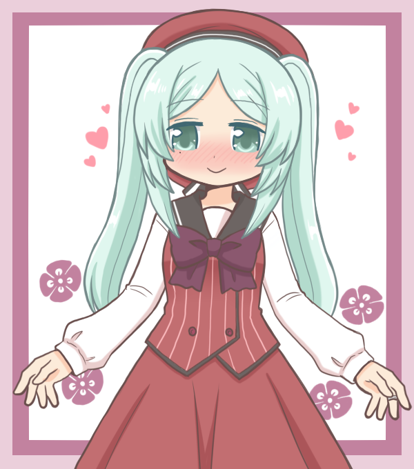 1girl bad_id bad_pixiv_id beret black_sailor_collar blue_eyes blue_hair blush border cosplay cowboy_shot hat long_hair long_sleeves looking_at_viewer magia_record:_mahou_shoujo_madoka_magica_gaiden mahou_shoujo_madoka_magica mole mole_under_eye purple_border red_hat red_skirt red_vest reverse_(bluefencer) sailor_collar shirt sidelocks skirt smile solo standing toki_sunao tokime_shizuka tokime_shizuka_(cosplay) twintails vest white_shirt