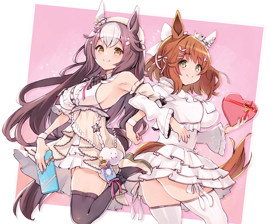 2girls animal_ears aston_machan_(everlasting_candy)_(umamusume) aston_machan_(umamusume) bare_shoulders black_thighhighs breasts brooch brown_hair choker collarbone collared_dress commentary_request crown detached_sleeves dress ear_covers hair_between_eyes hair_intakes hair_ornament hair_ribbon heart heart_brooch heart_choker heart_hair_ornament heart_ornament horse_ears horse_girl horse_tail jewelry large_breasts long_hair looking_at_viewer medium_hair multiple_girls official_alternate_costume official_alternate_hairstyle pleated_skirt puffy_detached_sleeves puffy_sleeves ribbon ryoji_(nomura_ryouji) short_hair simple_background single_ear_cover skindentation skirt standing star_(symbol) star_hair_ornament sweat tail thighhighs thighs umamusume white_background white_thighhighs yamanin_zephyr_(sugary_wind)_(umamusume) yamanin_zephyr_(umamusume) yellow_eyes