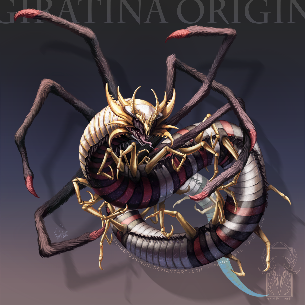 animal_focus artist_logo artist_name bug centipede character_name commentary conical_teeth deviantart_username english_commentary full_body game_freak gen_4_pokemon giratina giratina_(origin) highres legendary_pokemon logo looking_at_viewer nintendo no_humans open_mouth pokemon pokemon_(creature) realified red_eyes shadeofshinon simple_background solo tumblr_username