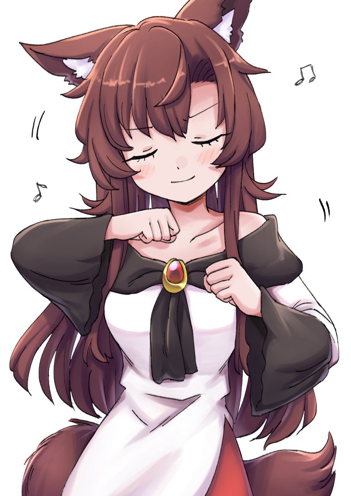 1girl animal_ear_fluff animal_ears ascot bare_shoulders black_ascot blush brown_hair clenched_hands closed_eyes closed_mouth collarbone commentary dress english_commentary gem hair_between_eyes hands_up imaizumi_kagerou long_hair long_sleeves meme musical_note off-shoulder_dress off_shoulder parody red_dress red_gemstone shikairo_days_dance_(meme) shikanoko_nokonoko_koshitantan sidelocks simple_background smile solo standing tail touhou two-tone_dress white_background white_dress wide_sleeves wolf_ears wolf_girl wolf_tail wool_(miwol)