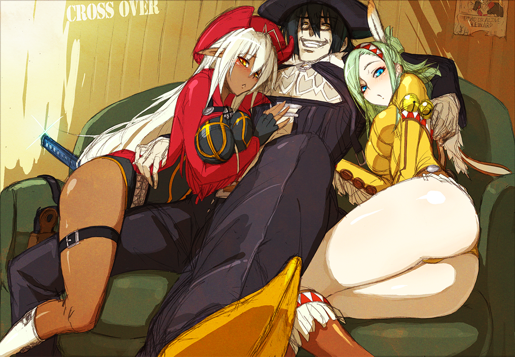 1boy 2girls alfie alfie_(cosplay) ass belt blue_eyes blush breasts cosplay dark-skinned_female dark_elf dark_skin dougan_calpis_con elf franco_il_nero franco_il_nero_(cosplay) fringe_trim girl_sandwich green_hair hat headdress indian_clothes indian_headdress large_breasts legs lily_salvatana lily_salvatana_(cosplay) long_hair minato_kageaki multiple_girls native_american_headdress open_mouth orange_eyes pimp pointy_ears poster_(object) sandwiched sansei_muramasa shiny_skin smile soukou_akki_muramasa thigh_strap thighs white_hair zoku_satsuriku_no_django