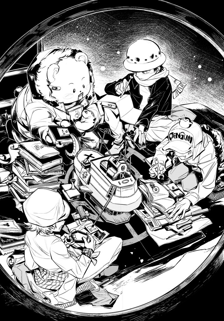 4boys aged_down bandaid bandaid_on_face bear bepo_(one_piece) bird book coat commentary_request from_above greyscale hat heart_pirates_jolly_roger indian_style jumpsuit male_focus monochrome multiple_boys one_piece penguin penguin_(one_piece) polar_tang scarf shachi_(one_piece) sharp_teeth sitting smile teeth toongue trafalgar_law