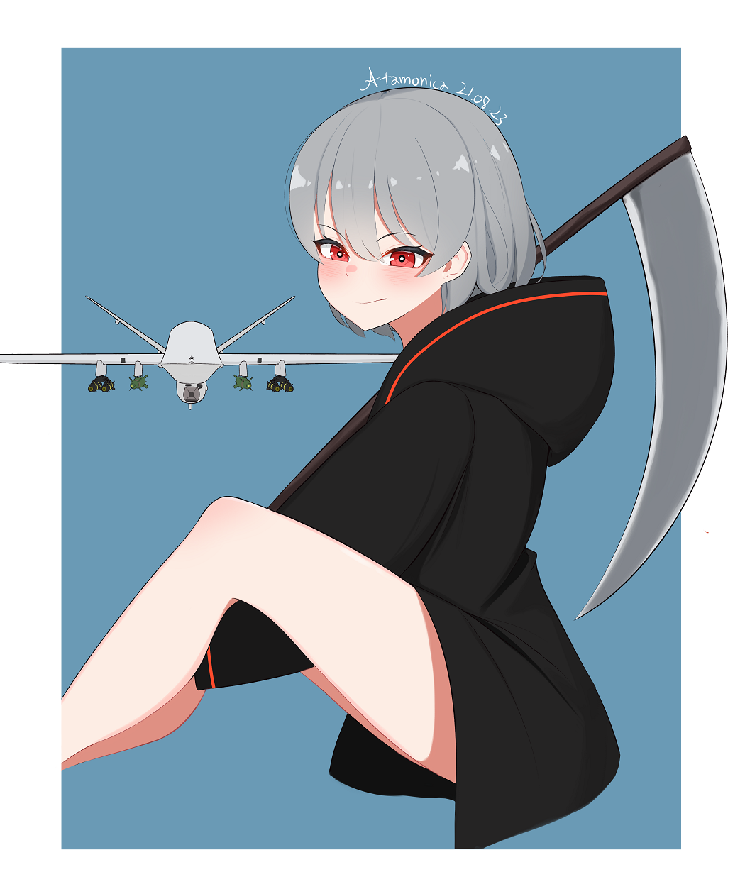 1girl aerial_bomb agm-114_hellfire air-to-surface_missile anti-tank_guided_missile anti-tank_missile artist_name atamonica blush dated drone gbu-12_paveway_ii general-purpose_bomb general_atomics_aeronautical_systems guided_bomb highres hood hoodie laser-guided_bomb looking_at_viewer military mq-9_reaper original paveway personification precision-guided_munition red_eyes scythe short_hair silver_hair smile surface-to-surface_missile unmanned_aerial_vehicle unmanned_combat_aerial_vehicle