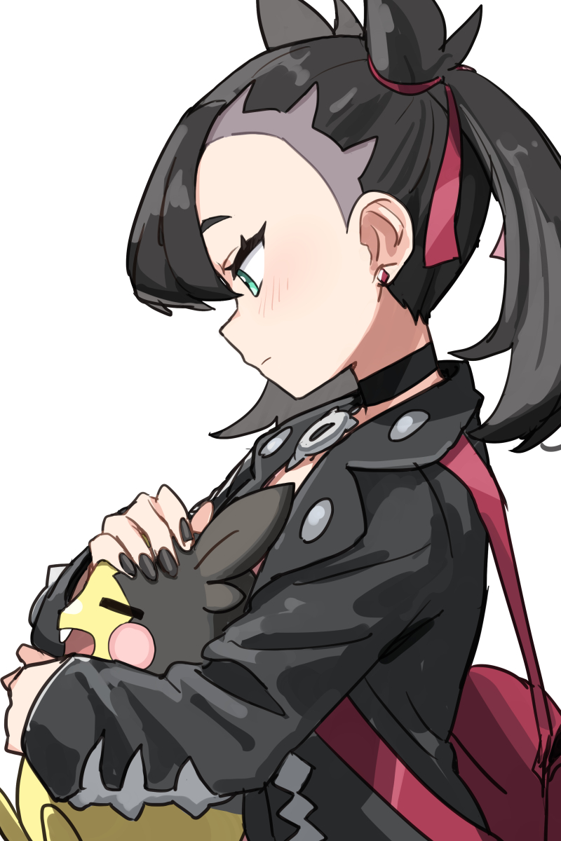 1girl asymmetrical_bangs backpack bag black_hair black_jacket breasts choker closed_eyes dress gazacy_(dai) gen_8_pokemon green_eyes hair_ribbon highres jacket long_sleeves marnie_(pokemon) medium_hair morpeko morpeko_(full) nintendo open_mouth petting pink_dress pokemon pokemon_swsh ribbon small_breasts smile twintails undercut