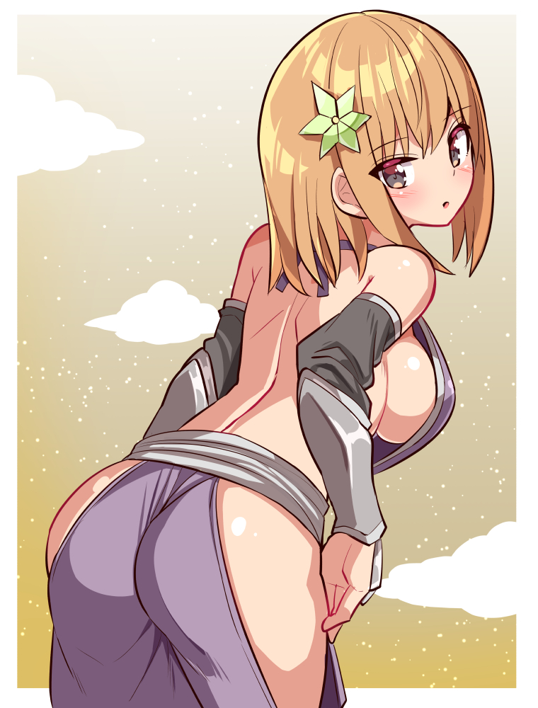 1girl arabian_clothes ass bare_shoulders blonde_hair blush breasts brown_eyes cougar_(cougar1404) from_behind hair_ornament hip_vent large_breasts leaning leaning_forward medium_hair open_mouth original pants sideboob solo