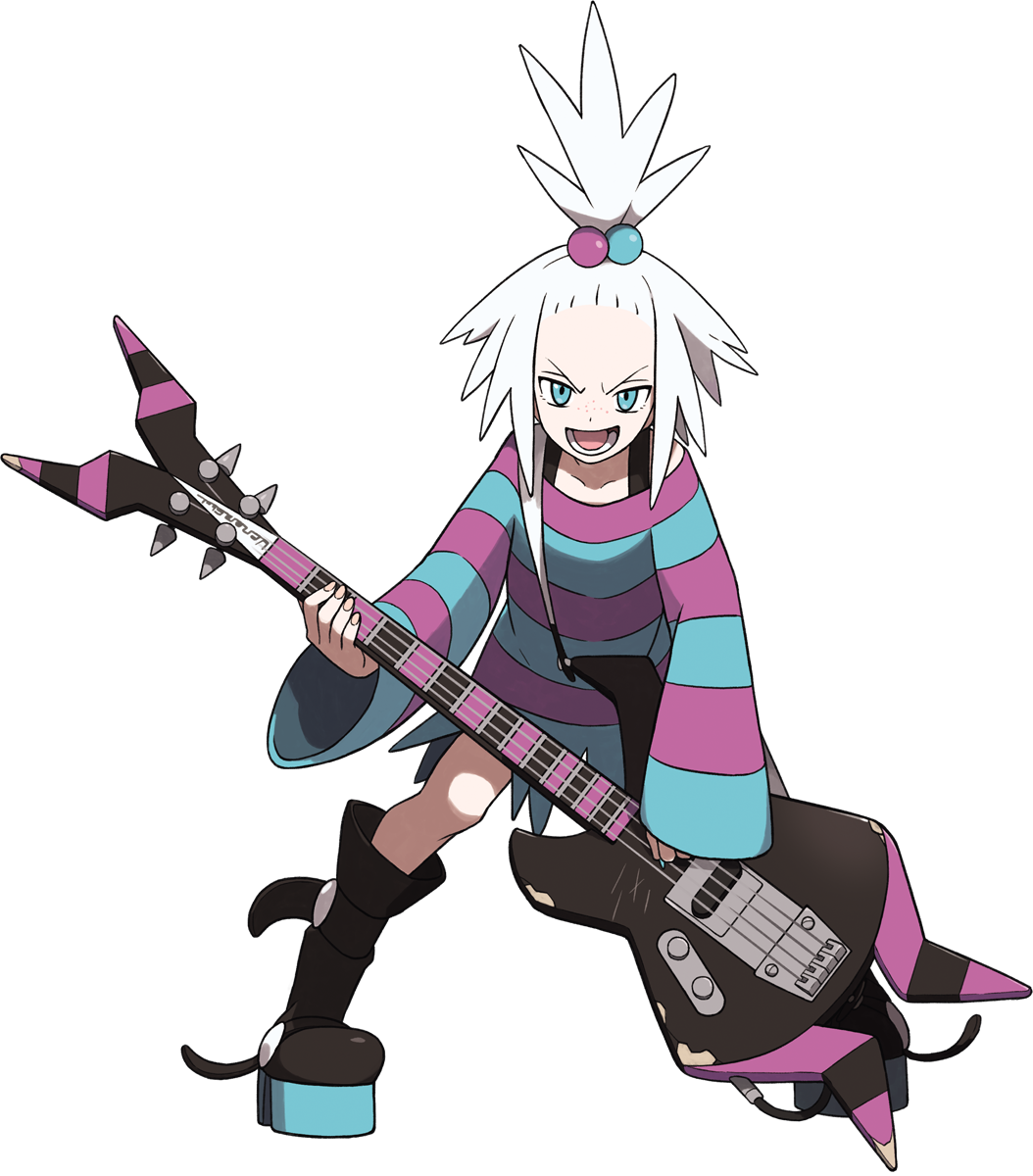 1girl bass_guitar boots dress forehead freckles full_body gym_leader hair_bobbles hair_ornament highres holding holding_instrument instrument legs_apart long_sleeves looking_at_viewer lower_teeth_only nintendo official_art oomura_yuusuke open_mouth pokemon pokemon_bw2 roxie_(pokemon) short_dress smile solo standing striped_clothes striped_dress teeth tongue topknot transparent_background two-tone_dress white_hair