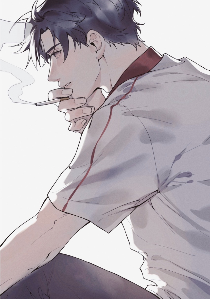 1boy black_eyes black_hair black_pants chinese_commentary cigarette from_side hand_on_own_face hand_up highres holding holding_cigarette looking_to_the_side male_focus naijarski pants parted_lips profile quan_zhi_gao_shou shirt short_hair short_sleeves simple_background sitting smoke smoking solo white_background white_shirt ye_xiu