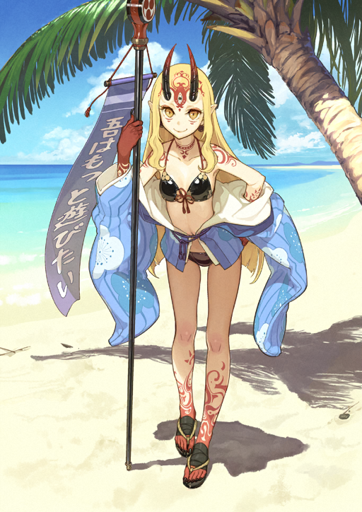 1girl bandaged_foot bandages banner bare_legs bare_shoulders beach bikini black_bikini black_claws black_horns blonde_hair blue_kimono blue_sky cloud collarbone colored_extremities colored_skin earrings facial_mark fate/grand_order fate_(series) forehead_mark full_body gradient_horns hand_on_own_hip hidari_(left_side) holding holding_pole horizon horns ibaraki_douji_(fate) ibaraki_douji_(fate/grand_order) ibaraki_douji_(swimsuit_lancer)_(fate) ibaraki_douji_(swimsuit_lancer)_(first_ascension)_(fate) japanese_clothes jewelry kimono leaning_forward long_hair long_sidelocks long_sleeves mitsudomoe_(shape) multicolored_horns multicolored_skin no_socks obijime ocean off_shoulder official_art open_clothes open_kimono palm_tree pointy_ears pole red_horns red_skin rope_belt sand sandals sidelocks sky solo sphere_earrings swimsuit third-party_source tomoe_(symbol) translation_request tree two-tone_skin variant_set very_long_hair wide_sleeves zouri