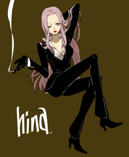 1girl black_footwear black_gloves black_suit brown_background character_name cigarette commentary_request crossed_legs formal_clothes gloves heri_(azame) high_heels hina_(one_piece) holding holding_cigarette long_hair looking_to_the_side one_eye_closed one_piece pink_hair red_lips sitting smoke solo suit
