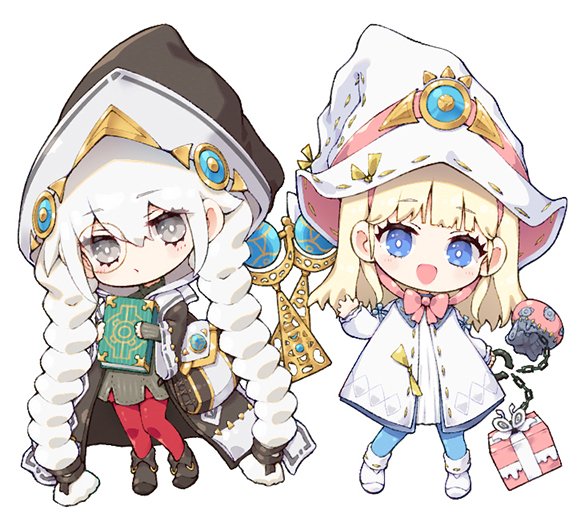 2girls astellar_of_the_white_forest blonde_hair blue_eyes brown_cloak brown_sweater chibi cloak diabellstar_the_black_witch diabellze_the_original_sinkeeper dress duel_monster elzette_of_the_white_forest grey_eyes grey_hair hood hood_up long_hair medium_hair monocle multiple_girls nakazawa_aki pantyhose red_pantyhose sweater white_dress yu-gi-oh!