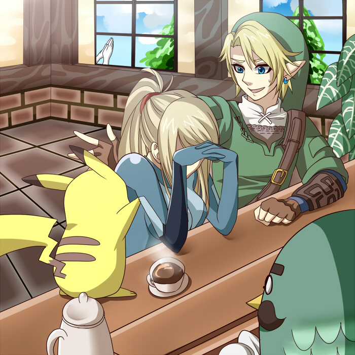 1girl animal_crossing bad_id bad_pixiv_id blonde_hair blue_eyes bodysuit breasts brewster_(animal_crossing) coffee earrings facial_hair gen_1_pokemon glasses gloves hat jewelry kudakeru link long_hair medium_breasts metroid mustache nintendo pikachu pointy_ears pokemon pokemon_(creature) ponytail samus_aran scrunchie skin_tight super_smash_bros. tamaki_hayato the_legend_of_zelda vambraces when_you_see_it wii_fit wii_fit_trainer wii_fit_trainer_(female) zero_suit