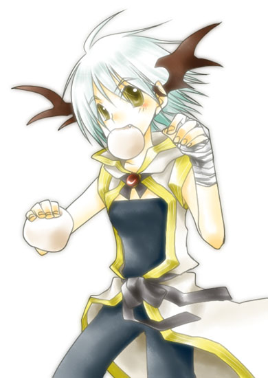 1girl ark_kan belt black_belt black_shirt black_shorts blue_hair brown_wings coat commentary_request demon_wings fang feet_out_of_frame food food_in_mouth gold_trim head_wings holding holding_food looking_at_viewer monk_(ragnarok_online) mouth_hold open_clothes open_coat open_mouth ragnarok_online shirt short_hair shorts simple_background sleeveless sleeveless_coat solo steamed_bun white_background white_coat white_hair wings