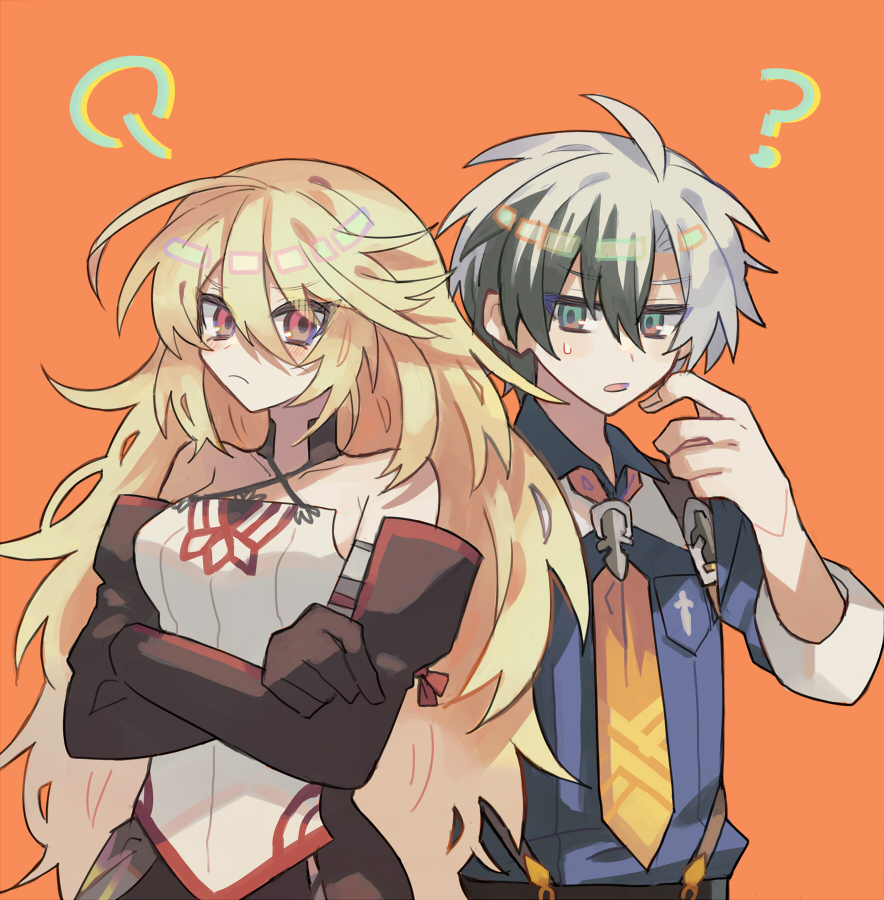 1boy 1girl ? bare_shoulders black_arm_warmers black_hair blonde_hair blue_shirt collared_shirt commentary criss-cross_straps crossed_arms detached_sleeves green_eyes grey_hair hair_between_eyes long_hair ludger_will_kresnik milla_maxwell_(tox2) multicolored_hair necktie orange_background ozma16 red_eyes shirt short_hair suspenders sweatdrop tales_of_(series) tales_of_xillia tales_of_xillia_2 tsundere two-tone_hair upper_body very_long_hair white_hair