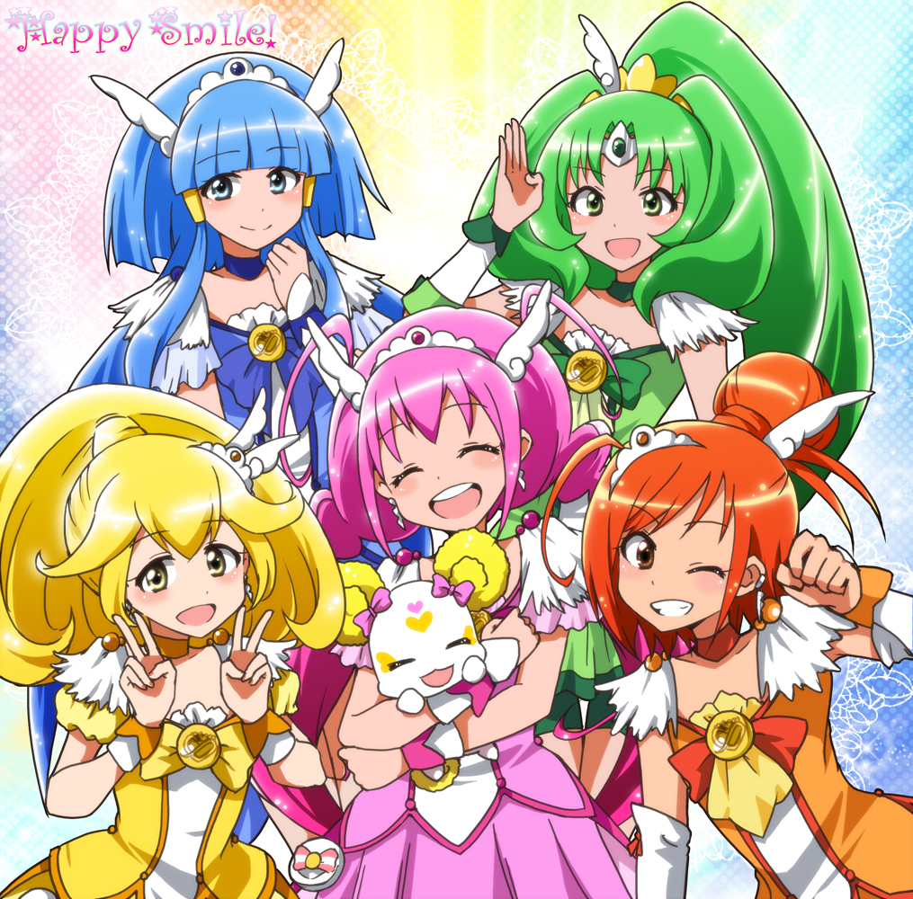 10s 5girls :d aoki_reika blonde_hair blue_eyes blue_hair blush bow candy_(smile_precure!) choker closed_eyes creature cure_beauty cure_happy cure_march cure_peace cure_sunny double_v earrings elbow_gloves english_text gloves green_eyes green_hair grin hair_flaps hair_tubes head_wings hino_akane_(smile_precure!) hoshizora_miyuki jewelry kidachi kise_yayoi long_hair magical_girl midorikawa_nao multiple_girls one_eye_closed open_mouth orange_eyes orange_hair pink_bow pink_hair pink_skirt ponytail precure skirt smile smile_pact smile_precure! tiara tri_tails twintails v wings wink wrist_cuffs yellow_bow yellow_eyes