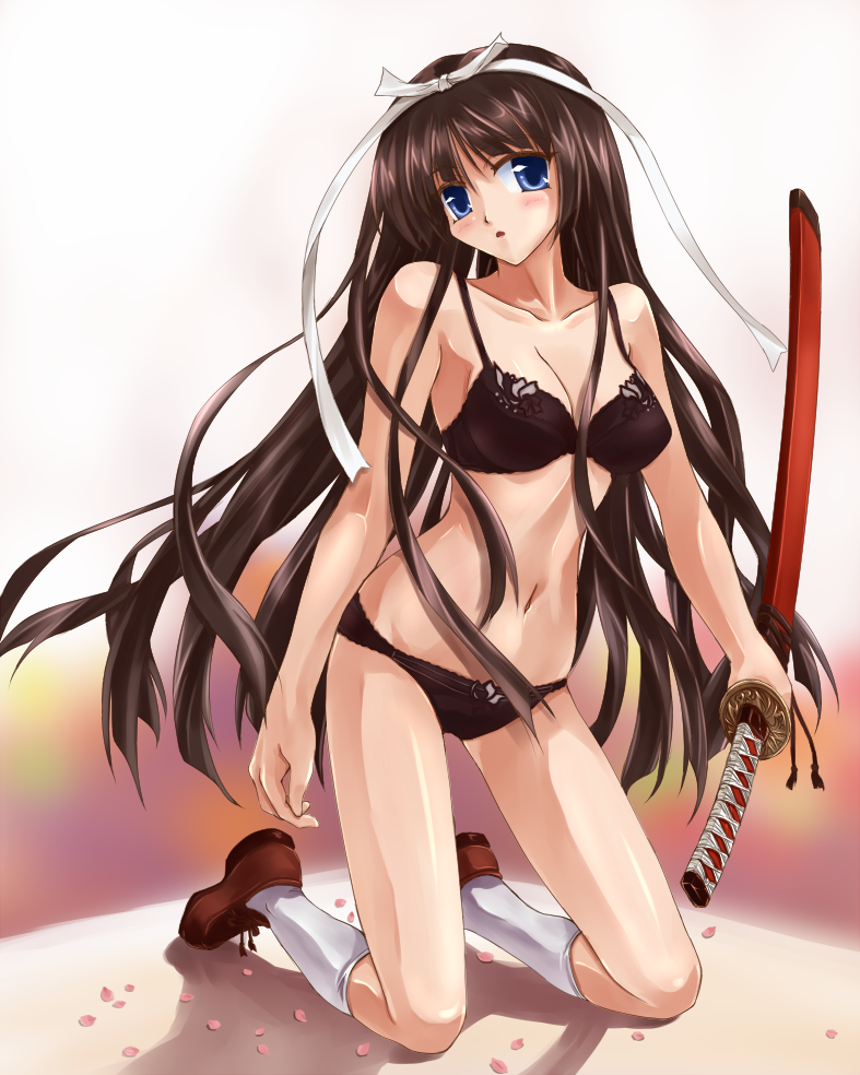 1girl black_bra black_hair black_panties blue_eyes bra cherry_blossoms female_focus follen_(639594) hair_ribbon hidan_no_aria hotogi_shirayuki katana kneeling lace lace-trimmed_bra lace-trimmed_panties lace_trim long_hair looking_at_viewer panties ribbon shoes socks solo sword underwear underwear_only very_long_hair weapon white_socks