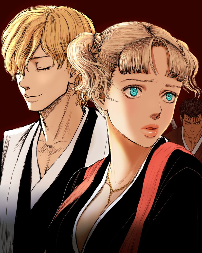 1girl 2boys berserk bleach blonde_hair blue_eyes closed_eyes cosplay dragonslayer_(sword) farnese_(berserk) guts_(berserk) hashtag-only_commentary ichimaru_gin jewelry kurosaki_ichigo kurosaki_ichigo_(cosplay) matsumoto_rangiku matsumoto_rangiku_(cosplay) multiple_boys necklace nisino2222 serpico_(berserk) short_hair short_twintails sword sword_on_back twintails weapon weapon_on_back