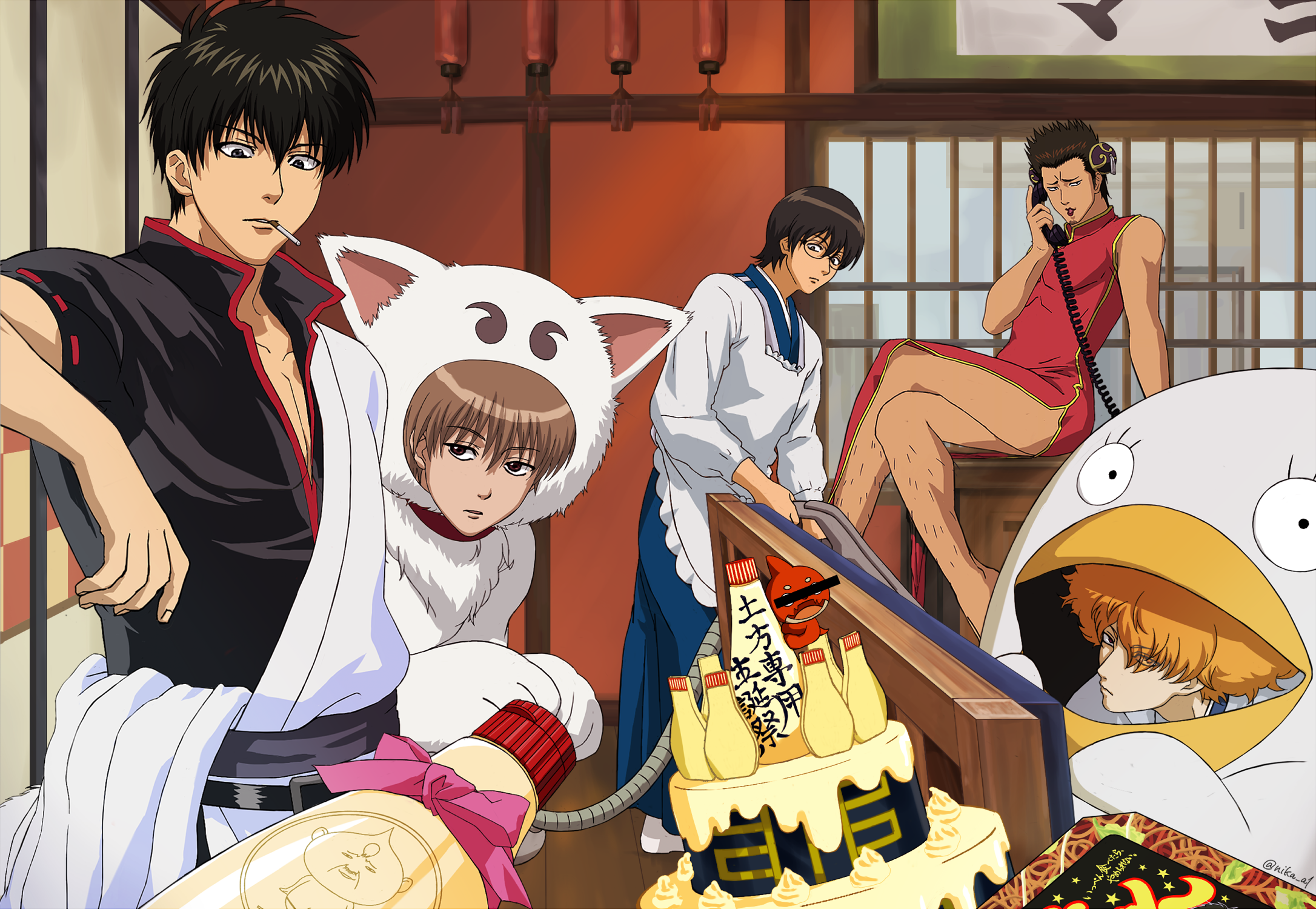5boys animal_costume anime_coloring black_hair bow brown_hair cake china_dress chinese_clothes cigarette collar cosplay crossed_legs dress elizabeth_(gintama) elizabeth_(gintama)_(cosplay) food gintama hadanugi_dousa highres hijikata_toushirou holding holding_phone indoors japanese_clothes kagura_(gintama) kagura_(gintama)_(cosplay) kimono kondou_isao leg_hair male_focus mayonnaise multiple_boys nika_a1 okita_sougo open_clothes open_kimono orange_hair phone pink_bow popped_collar red_collar red_dress sadaharu sadaharu_(cosplay) saitou_shimaru sakata_gintoki sakata_gintoki_(cosplay) shimura_shinpachi shimura_shinpachi_(cosplay) shinsengumi_(gintama) yamazaki_sagaru