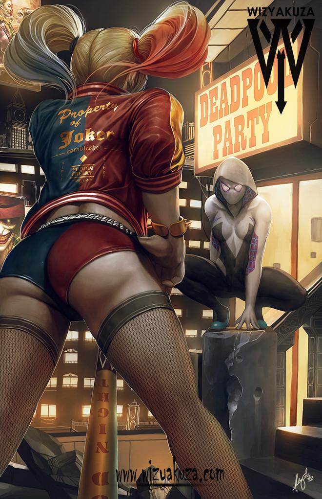 2girls ass baseball_bat city crossover dc_comics fishnet_thighhighs fishnets harley_quinn holding holding_baseball_bat jacket marvel medium_hair multiple_girls night outdoors short_shorts shorts spider-gwen squatting thighhighs twintails wizyakuza