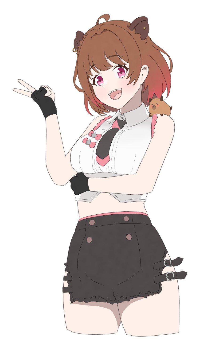 1girl :d ahoge arm_up black_gloves black_necktie black_skirt blush breasts brown_hair capybara capybara_girl catnamenothing collared_shirt commentary_request cowboy_shot crop_top cropped_legs fingerless_gloves gloves gradient_hair hair_intakes highres large_breasts looking_at_viewer miniskirt multicolored_hair nanashi_inc. necktie open_mouth pink_eyes pink_hair shirt simple_background skirt sleeveless sleeveless_shirt smile solo teeth torn_clothes torn_skirt upper_teeth_only virtual_youtuber white_background white_shirt yunohara_izumi