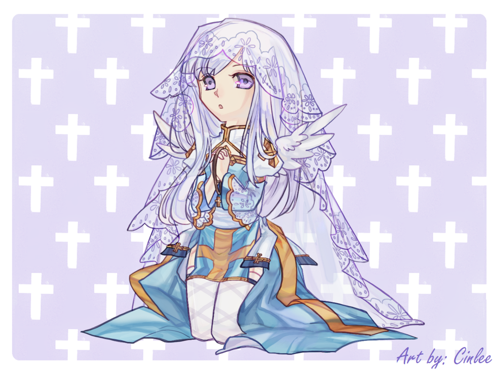 1girl arch_bishop_(ragnarok_online) blue_dress bridal_veil cinlee cleavage_cutout clothing_cutout commentary commission cross cross_background cross_necklace dress english_commentary fishnet_thighhighs fishnets full_body hair_intakes holding holding_jewelry holding_necklace jewelry juliet_sleeves kneeling long_hair long_sleeves looking_at_viewer necklace open_mouth own_hands_together praying puffy_sleeves purple_background purple_eyes ragnarok_online second-party_source solo thighhighs two-tone_dress veil very_long_hair white_dress white_hair white_thighhighs