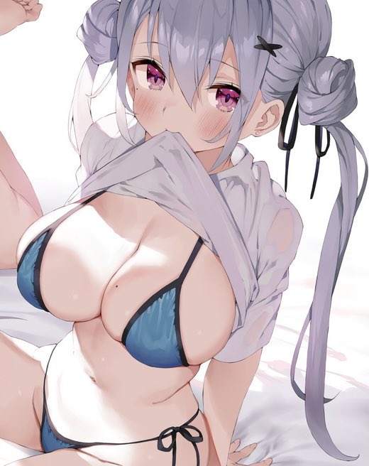 2girls bikini blush breasts clothes_in_mouth cropped gaou_(umaiyo_puyoman) grey_hair hair_ornament hourei_tenten indie_virtual_youtuber large_breasts leaning_back long_hair mole mole_on_breast mouth_hold multiple_girls purple_eyes second-party_source shirt shirt_in_mouth sitting solo_focus stomach swimsuit very_long_hair virtual_youtuber white_shirt