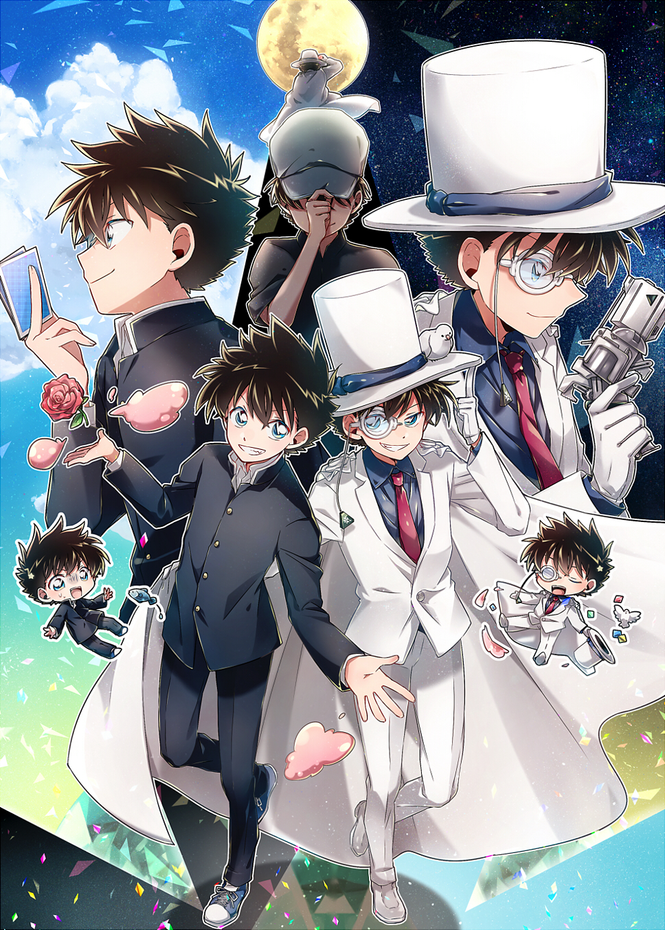 2boys aka_tonbo_(lililil) baseball_cap between_fingers bird black_hair black_pants blazer blue_eyes blue_ribbon blue_shirt cape card card_between_fingers collared_shirt facing_away fish flower full_moon gakuran gloves grin gun hat hat_ribbon highres holding holding_gun holding_unworn_clothes holding_unworn_hat holding_weapon jacket kaitou_kid kuroba_kaito long_sleeves looking_at_viewer magic_kaito male_focus monocle moon multiple_boys multiple_views necktie pants red_necktie ribbon rose school_uniform shirt smile top_hat unworn_hat unworn_headwear weapon white_bird white_cape white_footwear white_gloves white_hat white_pants