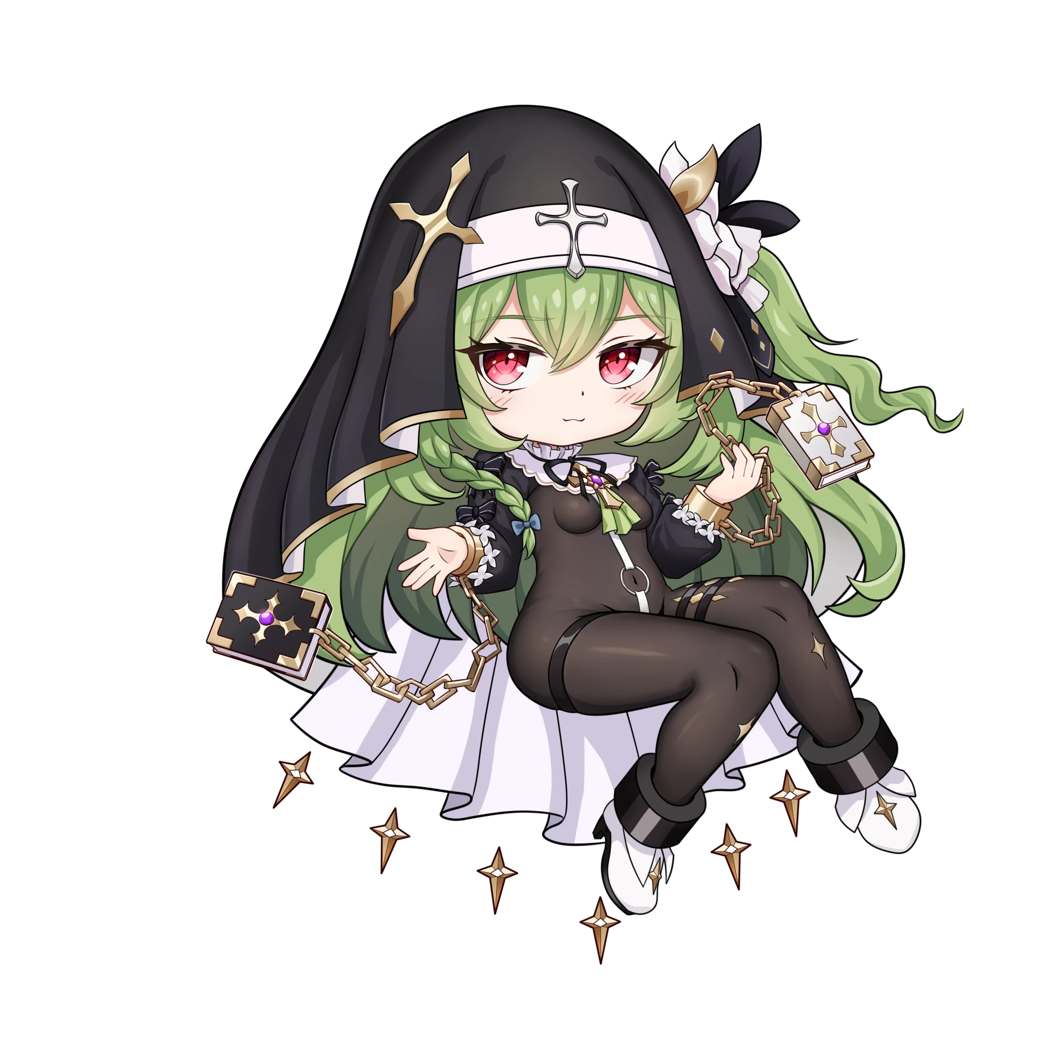 1girl artist_request blush bodystocking book boots braid breasts chain chibi commission cross cuffs fang flower full_body green_hair hair_between_eyes hands_up highres huanxiang_koudai_meow long_hair long_sleeves nun offering_hand original puffy_long_sleeves puffy_sleeves red_eyes second-party_source shackles simple_background sitting solo thigh_strap transparent_background variant_set veil very_long_hair white_boots white_flower