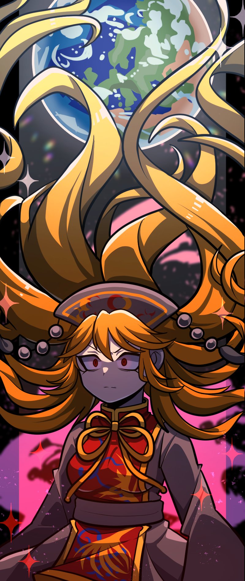 1girl 1jumangoku angry black_dress black_headwear black_sleeves blonde_hair closed_mouth commentary_request cowboy_shot dress earth_(planet) energy_tail eyelashes floating_hair fox_tail gradient_hair highres junko_(touhou) junko_day long_hair long_sleeves looking_at_viewer multicolored_hair neck_ribbon phoenix_crown pillarboxed planet red_eyes red_tabard ribbon solo sparkle tabard tail hat_tassel touhou v-shaped_eyebrows very_long_hair wide-eyed yellow_ribbon