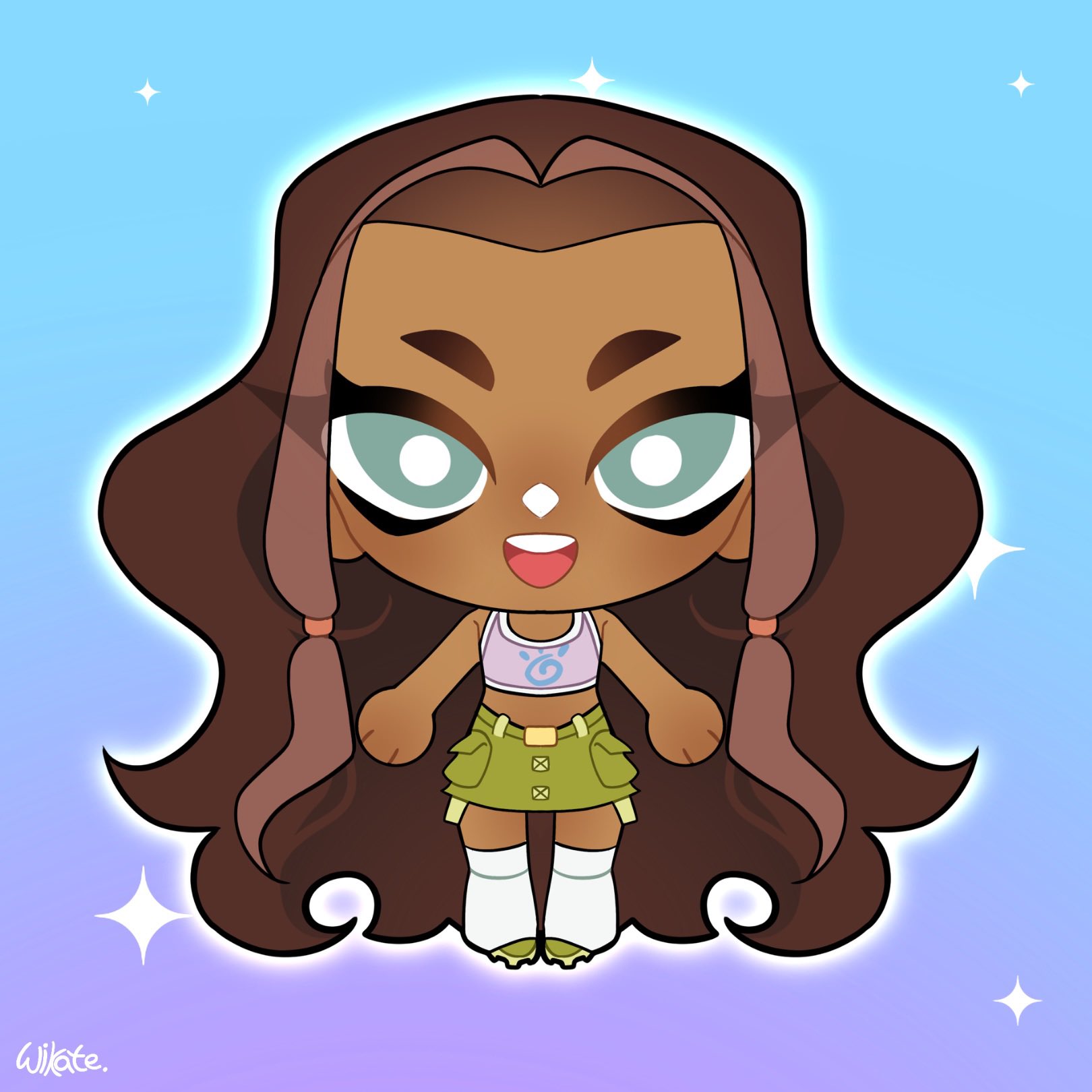 1girl absurdly_long_hair aisha_(winx_club) aqua_eyes bare_arms bare_shoulders blue_background bright_pupils brown_hair buttons chibi commentary crop_top dark-skinned_female dark_skin eyelashes eyes_visible_through_hair forehead gradient_background green_shoes green_skirt hair_tubes happy hashtag-only_commentary highres leg_warmers light_blush long_hair looking_at_viewer midriff miniskirt multicolored_hair open_mouth outline pink_tank_top pocket purple_background shoes signature skirt smile solo sparkle spiral_print standing straight-on streaked_hair tank_top teeth thick_eyebrows upper_teeth_only very_long_hair white_leg_warmers white_outline white_pupils wikate winx_club