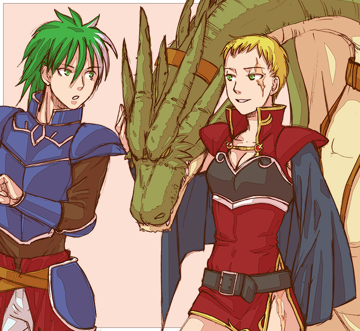 1boy 1girl armor belt blonde_hair breasts cape cleavage couple dragon fire_emblem fire_emblem:_the_blazing_blade green_eyes heath_(fire_emblem) hetero kinaco multicolored_hair nintendo scar short_hair side_slit small_breasts two-tone_hair vaida_(fire_emblem) wyvern