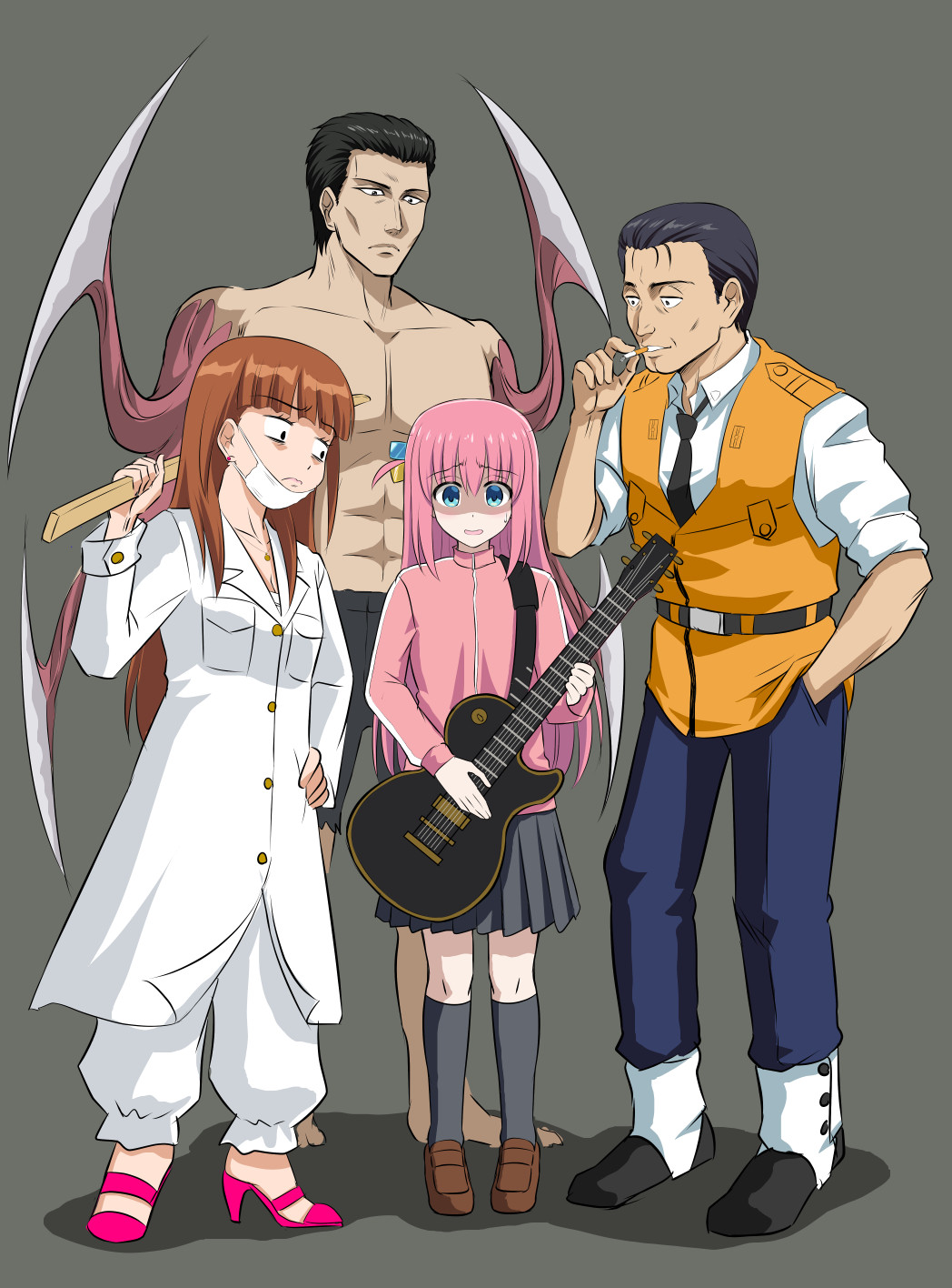 2boys 2girls baggy_pants black_footwear black_hair black_necktie black_socks blade blue_eyes blue_pants bocchi_the_rock! bousouzoku brown_footwear cigarette collared_shirt commentary crossover delinquent electric_guitar gibson_les_paul gloom_(expression) gotoh_hitori gotou_(kiseijuu) gotou_kiichi gotou_yuuko gottouza grey_background grey_skirt guitar highres holding holding_cigarette holding_instrument holding_sword holding_weapon instrument jacket kidou_keisatsu_patlabor kiseijuu kishi_nisen loafers long_hair looking_at_another lucky_star mask mouth_mask multiple_boys multiple_crossover multiple_girls name_connection necktie pants pink_hair pink_jacket police police_uniform policeman shaded_face shirt shoes short_hair simple_background skirt sleeves_rolled_up socks sword topless_male track_jacket vest weapon white_jacket white_pants white_shirt wooden_sword yellow_vest