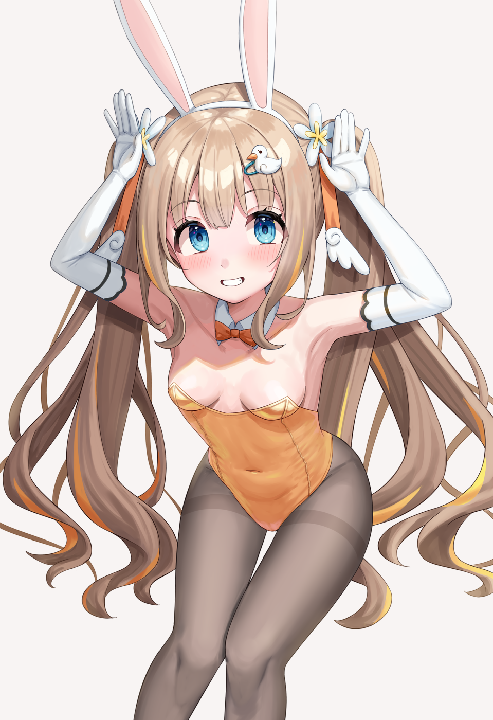 1girl animal_ears armpits arms_up bare_shoulders blue_eyes blush breasts brown_hair collarbone commission covered_navel duck_hair_ornament elbow_gloves eyelashes fake_animal_ears feet_out_of_frame flower gloves grey_background grin hair_between_eyes hair_flower hair_ornament hair_ribbon hairband hairclip highres knees_together_feet_apart leaning_forward leotard long_hair looking_at_viewer multicolored_hair orange_hair orange_leotard orange_ribbon pantyhose playboy_bunny px-tea rabbit_ears rabbit_pose ribbon sidelocks skeb_commission small_breasts smile solo standing strapless strapless_leotard streaked_hair teeth thigh_gap twintails varium very_long_hair virtual_youtuber watamiya_ahiru white_flower white_gloves white_hairband wing_hair_ornament
