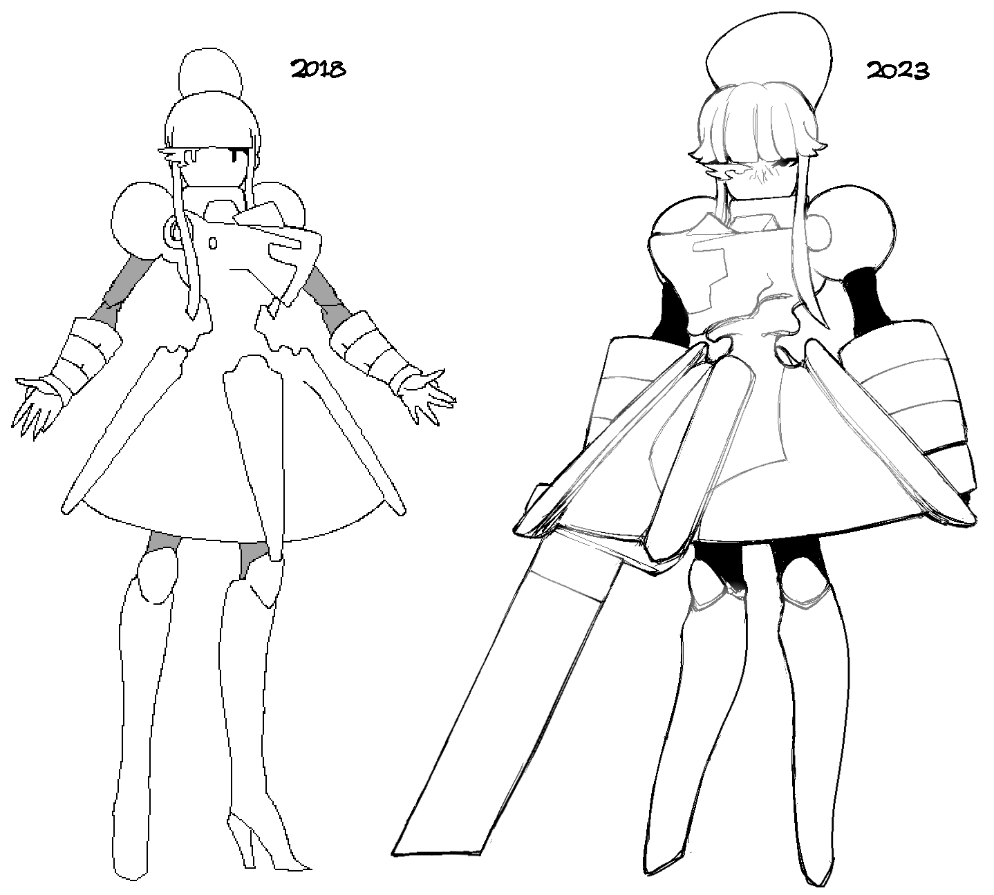 1boy armor armored_dress asymmetrical_eyes before_and_after boots chest_armor curvy dated demi_(dizzyspells) dizzyspells dress feminine full_body high_heel_boots high_heels highres holding holding_sword holding_weapon long_hair looking_at_viewer male_focus original ponytail shoulder_armor sidelocks solo standing sword trap weapon