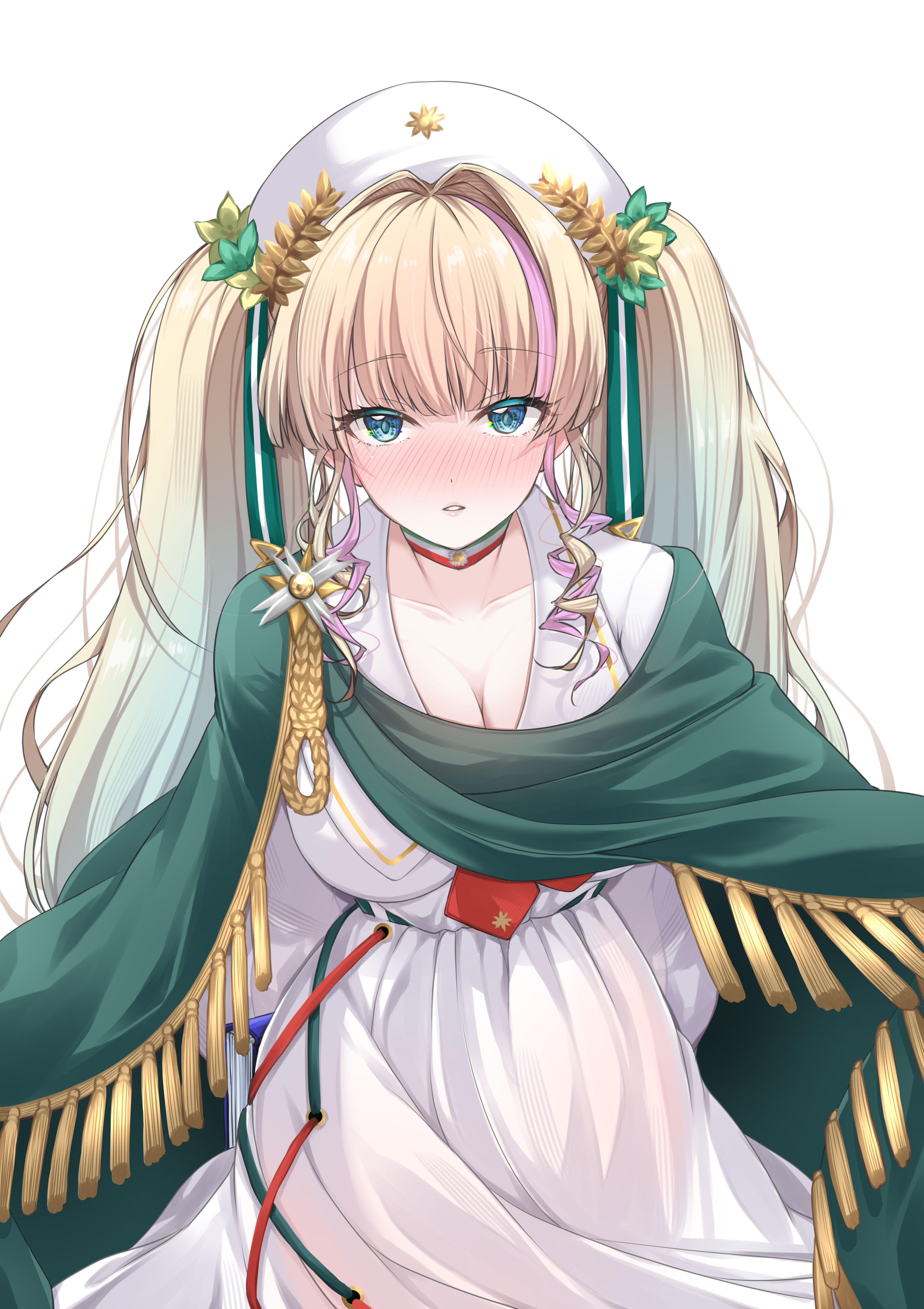 1girl absurdres aqua_eyes azur_lane blonde_hair blush breasts cleavage collarbone giosue_carducci_(azur_lane) hair_intakes highres large_breasts long_hair looking_at_viewer medal mikuchi3939 multicolored_hair parted_lips purple_hair simple_background solo streaked_hair twintails white_background white_hair