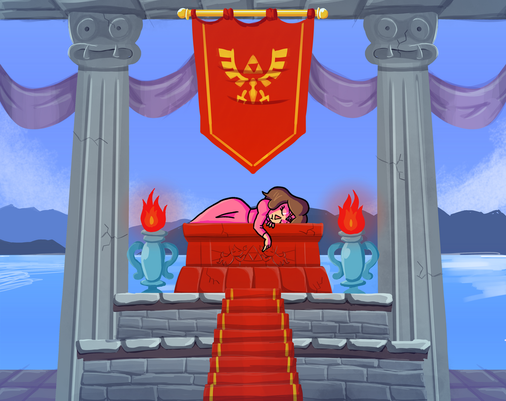 1girl brown_hair curtains day dress fire full_body nintendo pink_dress princess_zelda red_carpet sleeping solo_focus spell the_legend_of_zelda tiara triforce water zelda_ii:_the_adventure_of_link