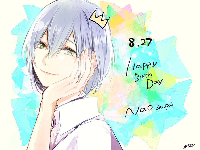 1boy character_name green_eyes happy_birthday high_speed! looking_at_viewer male_focus mito_h purple_hair serizawa_nao short_hair simple_background smile solo tareme