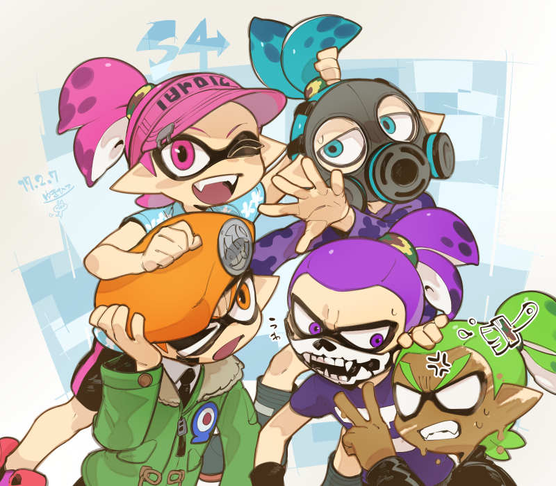 5boys aloha-kun_(splatoon) aloha_shirt_(splatoon) anger_vein angry army-kun_(splatoon) bandana bandana_over_mouth beret blank_eyes blue_eyes blue_hair camouflage clenched_teeth commentary_request dark-skinned_male dark_skin fangs gas_mask green_hair hat inkling inkling_boy inkling_player_character jacket looking_at_viewer male_focus mask mask-kun_(splatoon) mojaranmo multiple_boys nintendo one_eye_closed open_mouth orange_eyes orange_hair pale_skin pink_eyes pink_hair pointy_ears purple_eyes purple_hair rider-kun_(splatoon) sharp_teeth shirt skull-kun_(splatoon) smile splatoon_(manga) splatoon_(series) splatoon_1 t-shirt teeth tentacle_hair topknot v