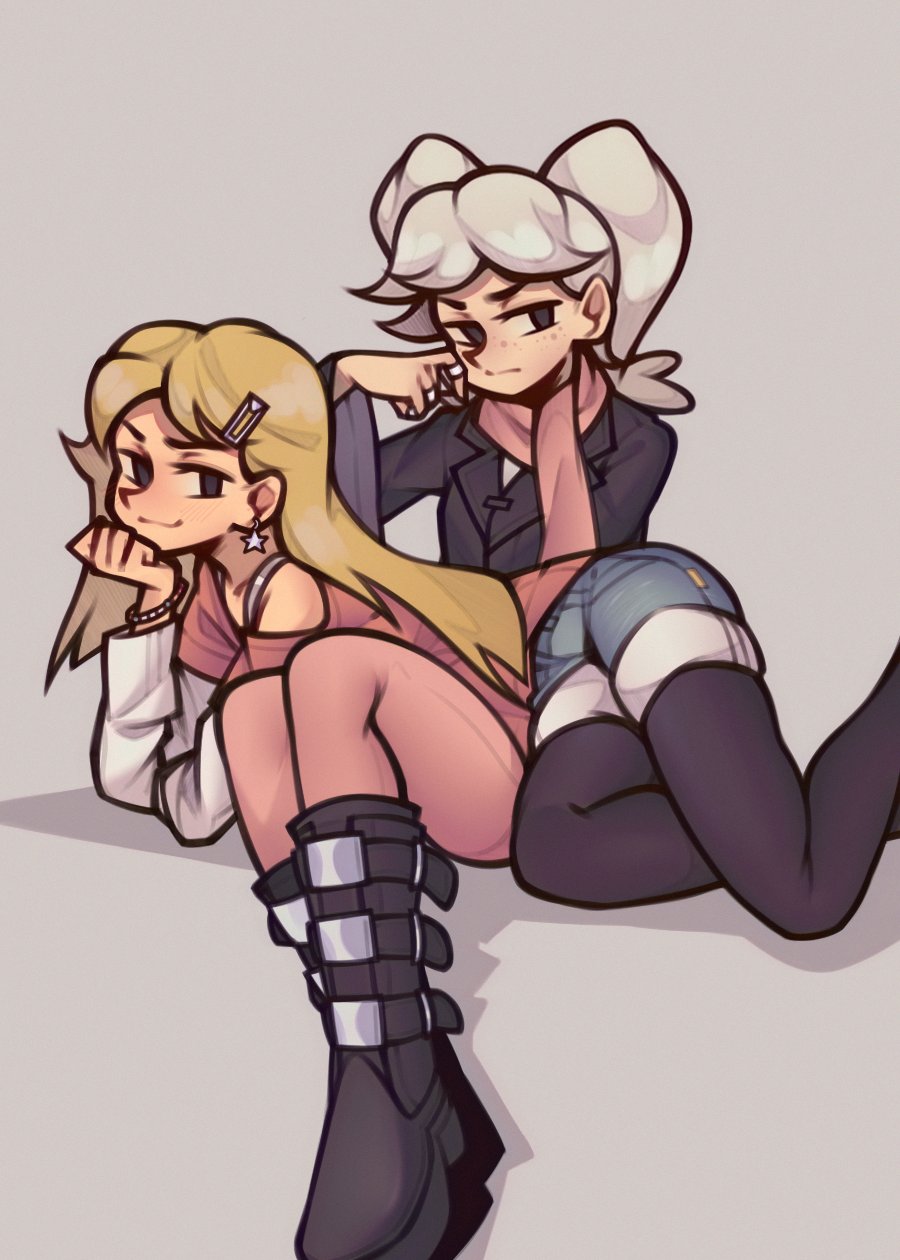 2girls :3 :| bare_shoulders belt_boots black_footwear black_jacket black_thighhighs blonde_hair boots closed_mouth commentary denim denim_shorts earrings english_commentary fujimna hair_ornament hairclip hand_on_own_face highres hilda_(series) jacket jewelry kelly_(hilda) legs_together long_hair long_sleeves looking_at_viewer lying medium_hair multiple_girls multiple_rings on_person pantyhose pink_pantyhose pink_scarf pink_shirt ring scarf shirt shorts sitting spaghetti_strap star_(symbol) thighhighs twintails twintails_marra_(hilda) white_hair