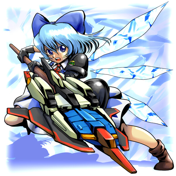 1girl adapted_costume advent_cirno alternate_weapon blue_eyes blue_hair bow cirno detached_wings female_focus gundam hair_bow ice ice_wings matching_hair/eyes matirine open_mouth short_hair solo stance touhou weapon wings zeta_gundam zeta_gundam_(mobile_suit)