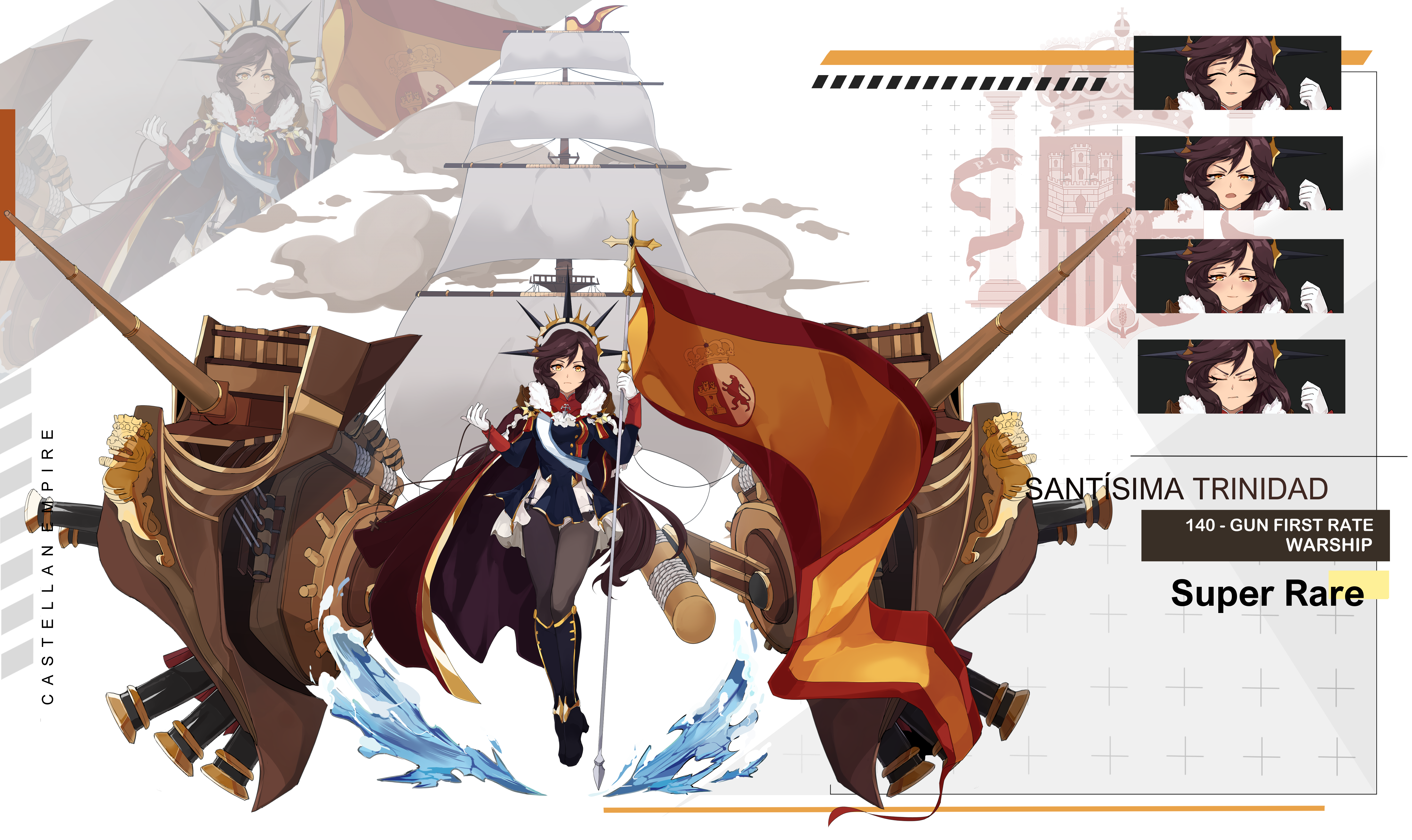 1girl absurdres azur_lane black_pantyhose blue_jacket boots breasts brown_hair cannon cape cookieblade flag gold_trim high_heels highres holding holding_flag jacket long_hair looking_at_viewer medium_breasts military_vehicle multiple_expressions original pantyhose personification purple_boots purple_cape red_cape sail santisima_trinidad ship ship_of_the_line skirt solo spanish_flag warship watercraft white_skirt yellow_eyes